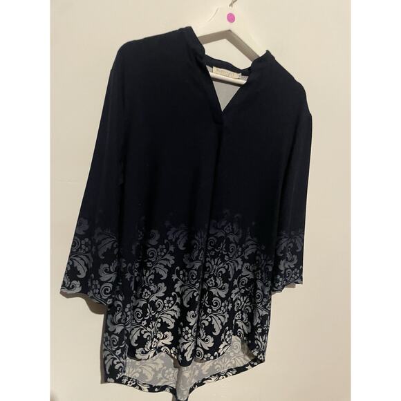 Bai Sheng GT Tunic Top 3/4 Sleeve Dark Blue White Damask Pattern Xl - Picture 2 of 6